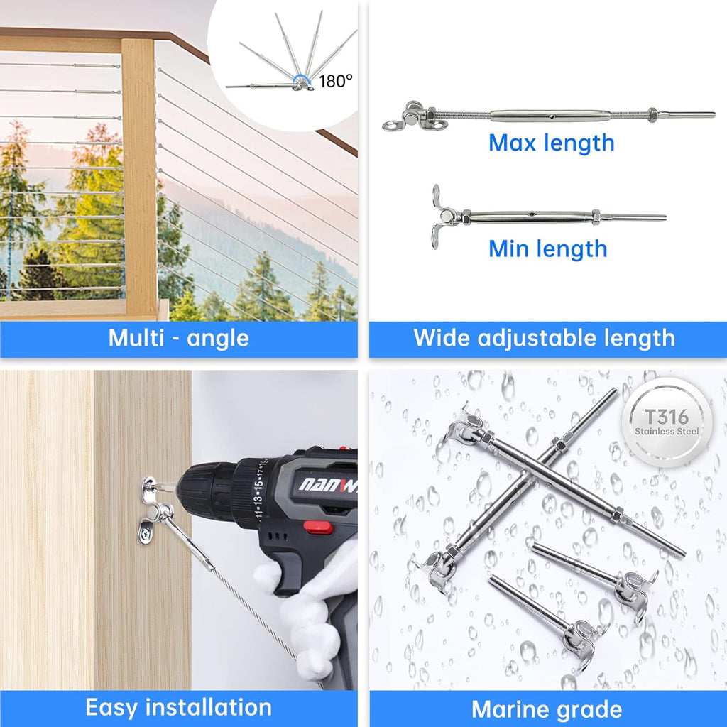 10 Set Cable Railing Kit 1/8 T316 Stainless Steel Turnbuckle Hardware P6094