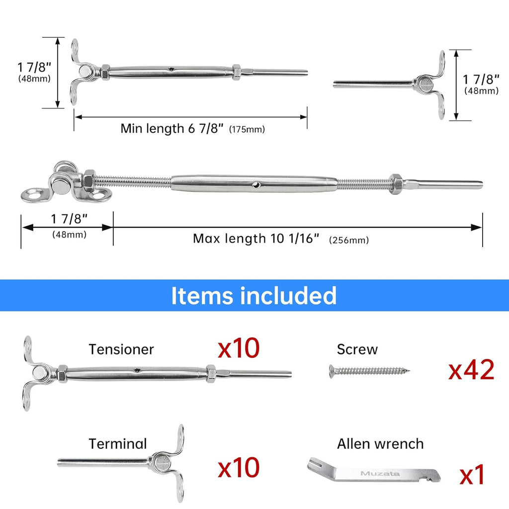 10 Set Cable Railing Kit 1/8 T316 Stainless Steel Turnbuckle Hardware P6094