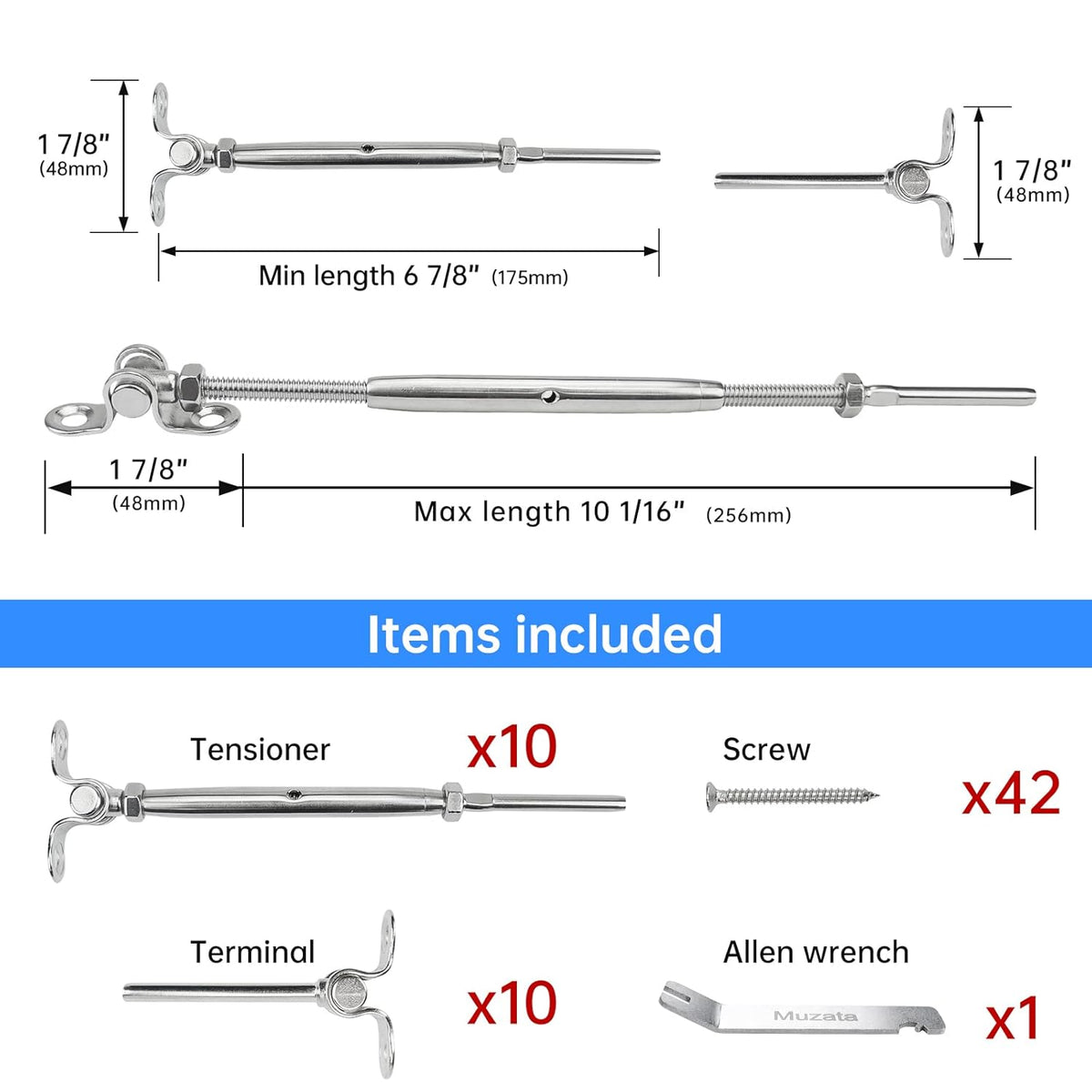 10 Set Cable Railing Kit 1/8 T316 Stainless Steel Turnbuckle Hardware P6094