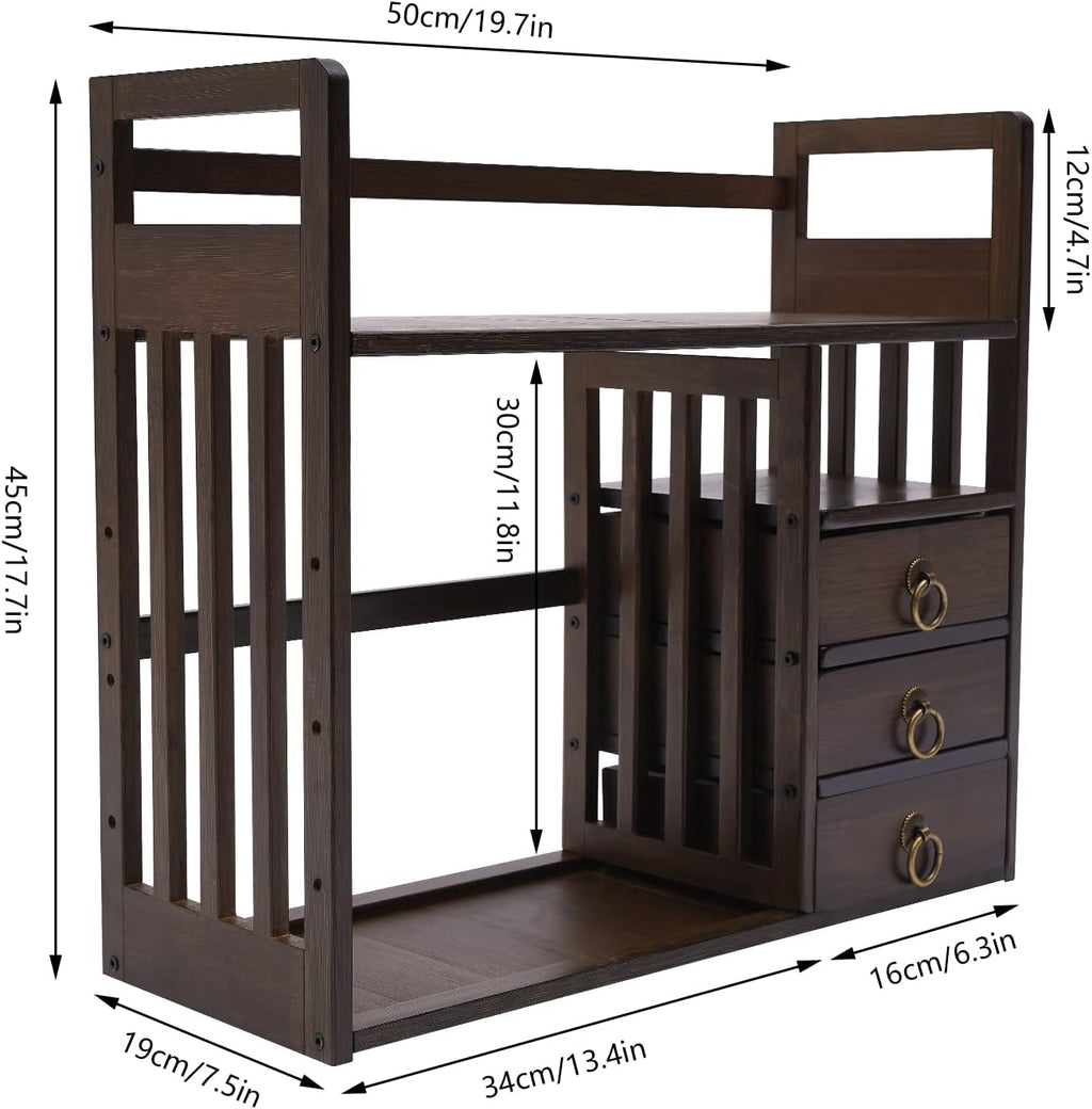 Bamboo Desk Bookshelf Organizer with Drawer, 19.7×7.5×17.7inch E856003