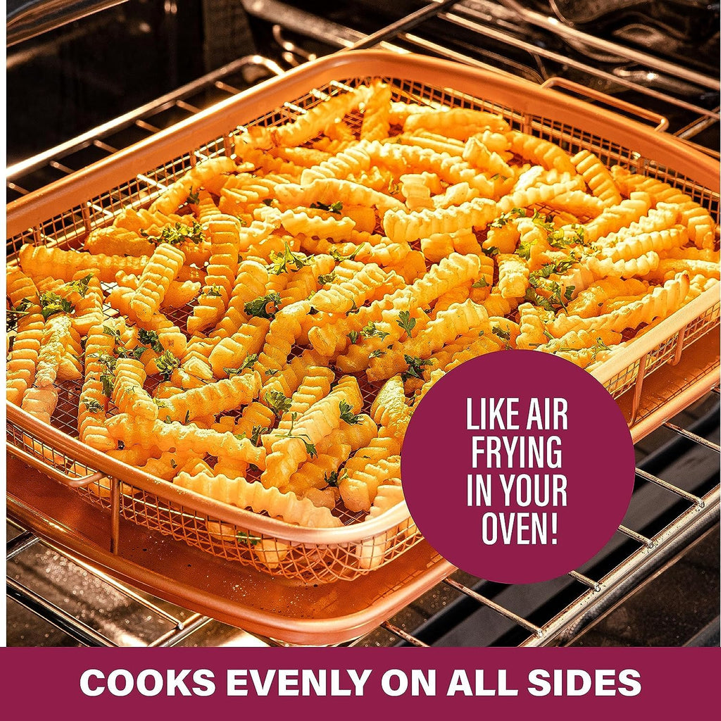 2 Piece Nonstick Air Fryer Tray + Basket, Copper Crisper Tray, 16.5” x 12” A8595