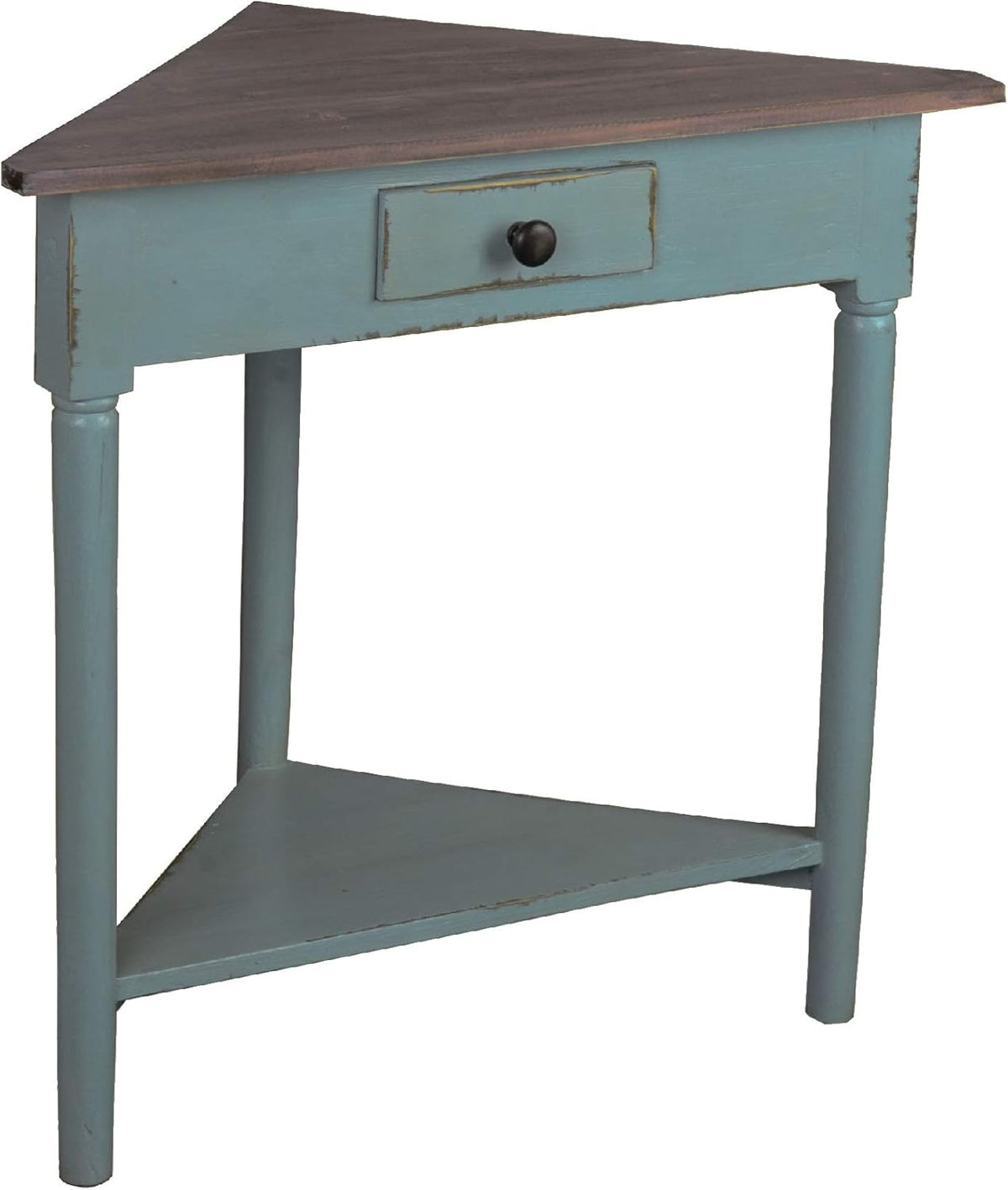 Distressed Beach Blue and Brown Triangular Corner Table with Drawer X203155
