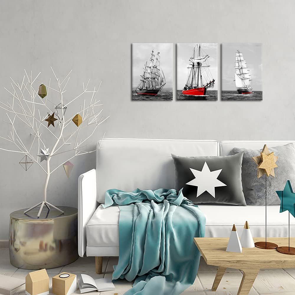 Red Sailing Ship Canvas Wall Art 12x16inch 3pcs G4415