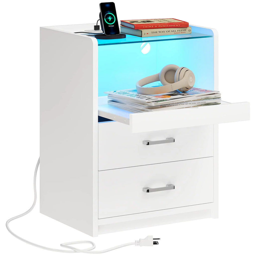 White LED Nightstand with 2 Drawers and Pull-Out Shelf K84338