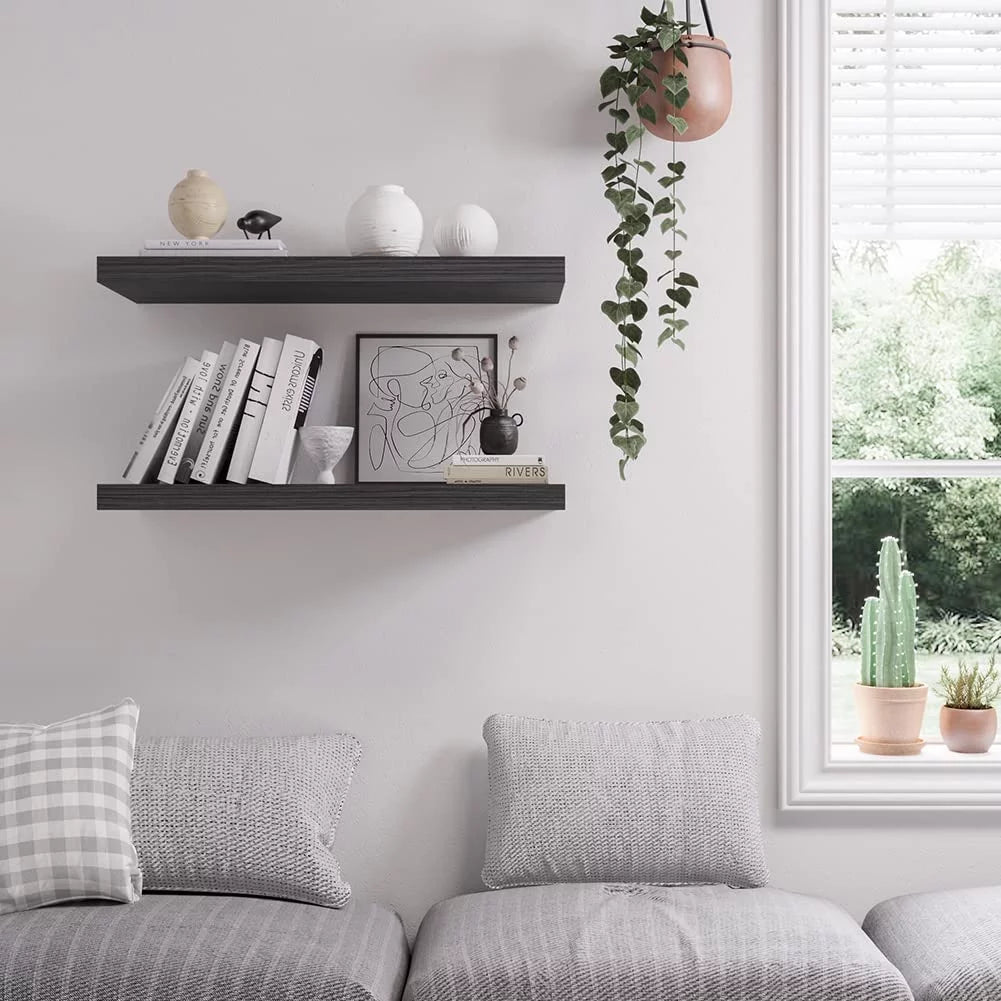Walnut Wooden Floating Wall Shelf 36 in W x 12.75 in D x 2 in H Set of 2 L79076