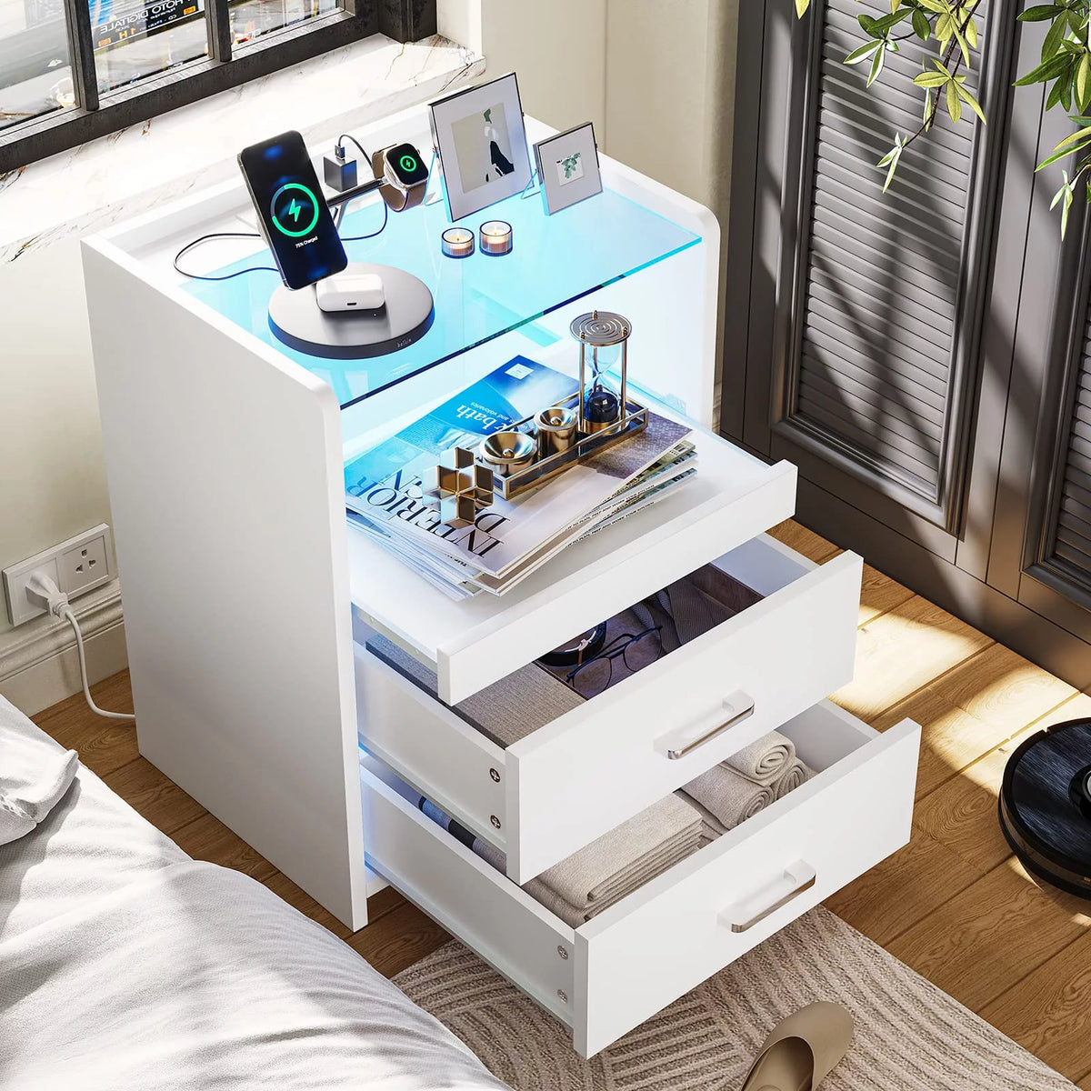 White LED Nightstand with 2 Drawers and Pull-Out Shelf K84338