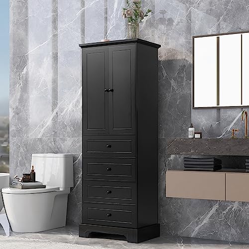 68.1" Tall Storage Cabinet with 2 Doors and 4 Drawers, Adjustable Shelf, MDF Board with Painted Finish, Solid Wood Frame (Black) G271975