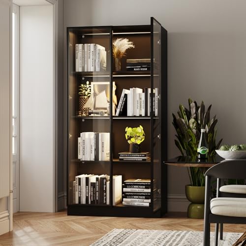 Black 3-Tier Display Cabinet with Glass Doors and Lights B7389