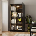 Black 3-Tier Display Cabinet with Glass Doors and Lights B7389