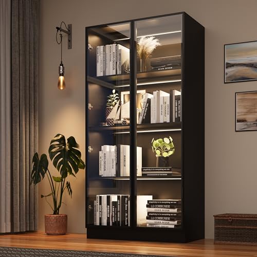 Black 3-Tier Display Cabinet with Glass Doors and Lights B7389