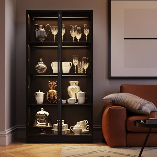 Black 3-Tier Display Cabinet with Glass Doors and Lights B7389