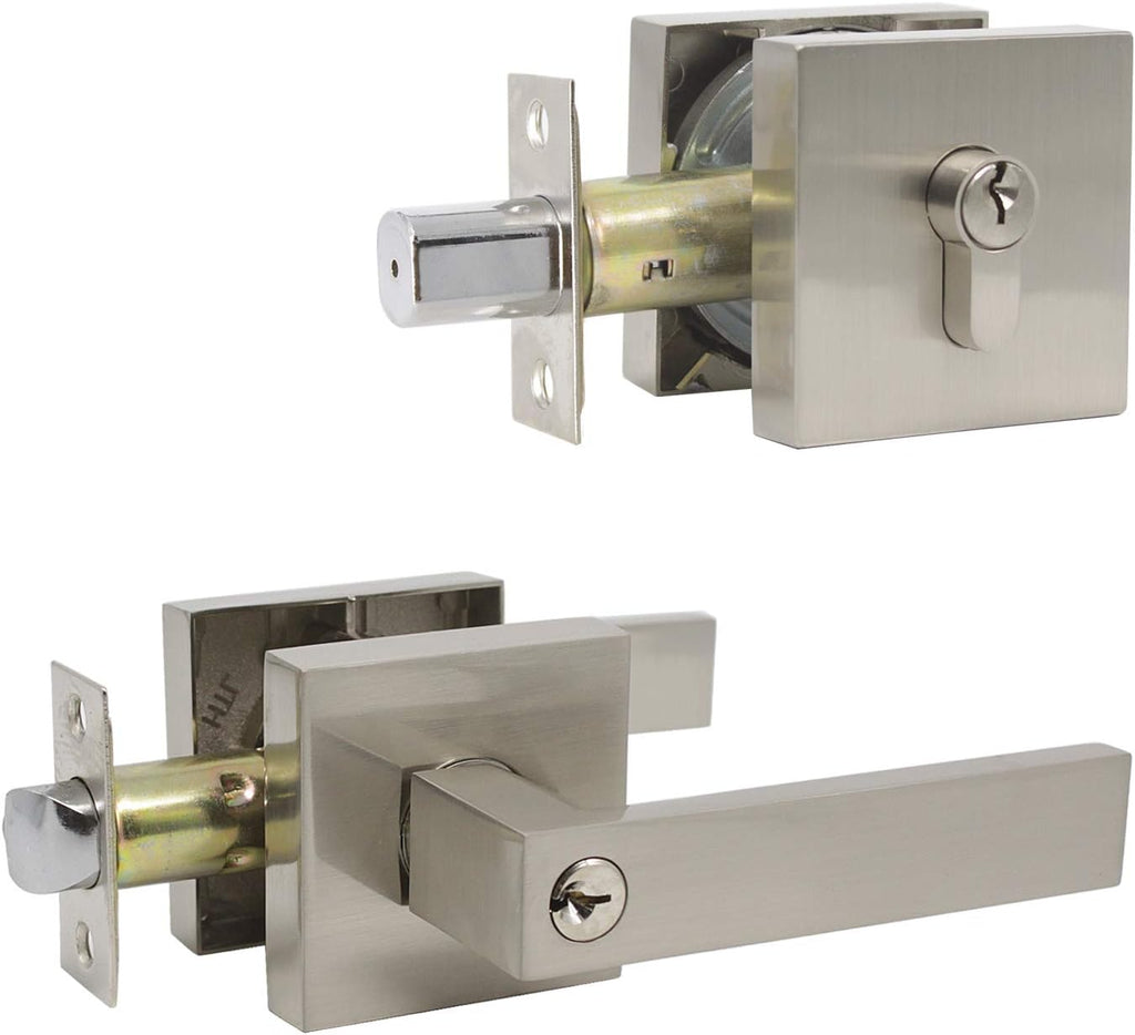 Square Entry Levers and Single Cylinder Deadbolts Combo Pack, Satin Nickel, 2 Pack I859