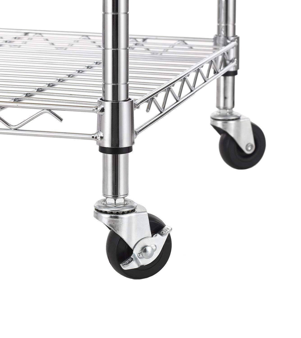 3-Tier Wire Rolling Kitchen Cart with Oak Cutting Board and Chrome Y2574