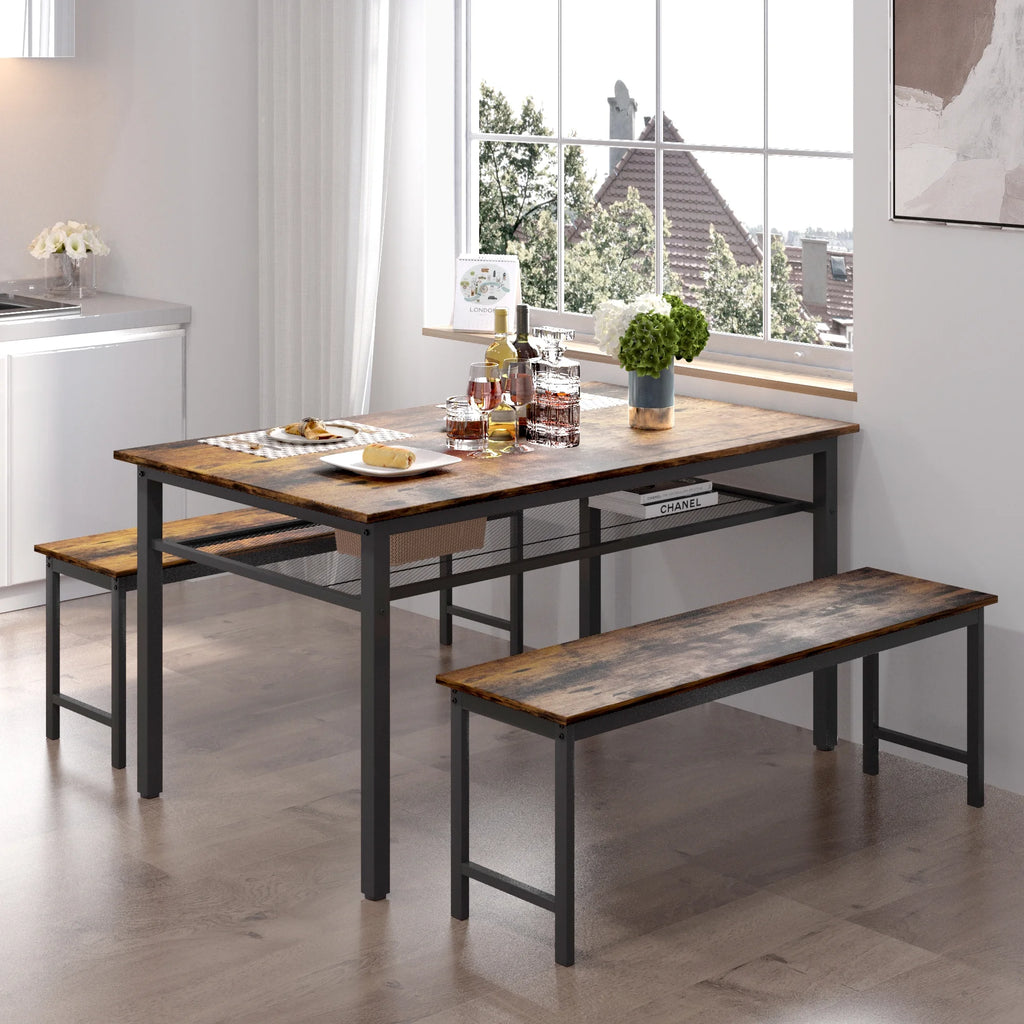 3 Piece Dining Table Set with 2 Benches A84797