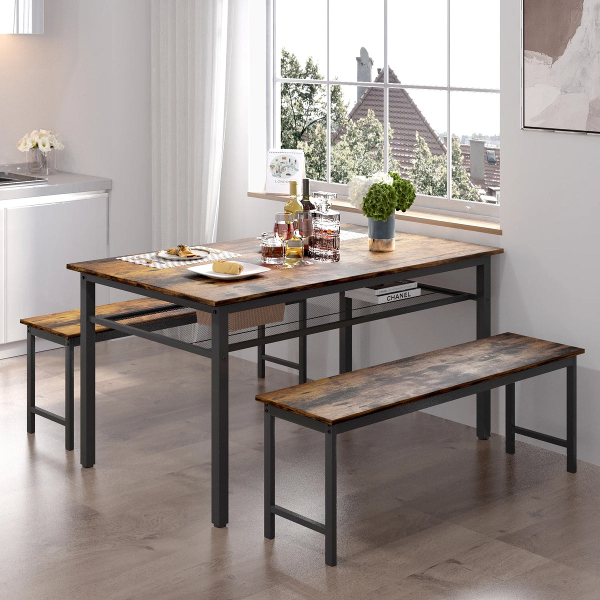 3 Piece Dining Table Set with 2 Benches A84797