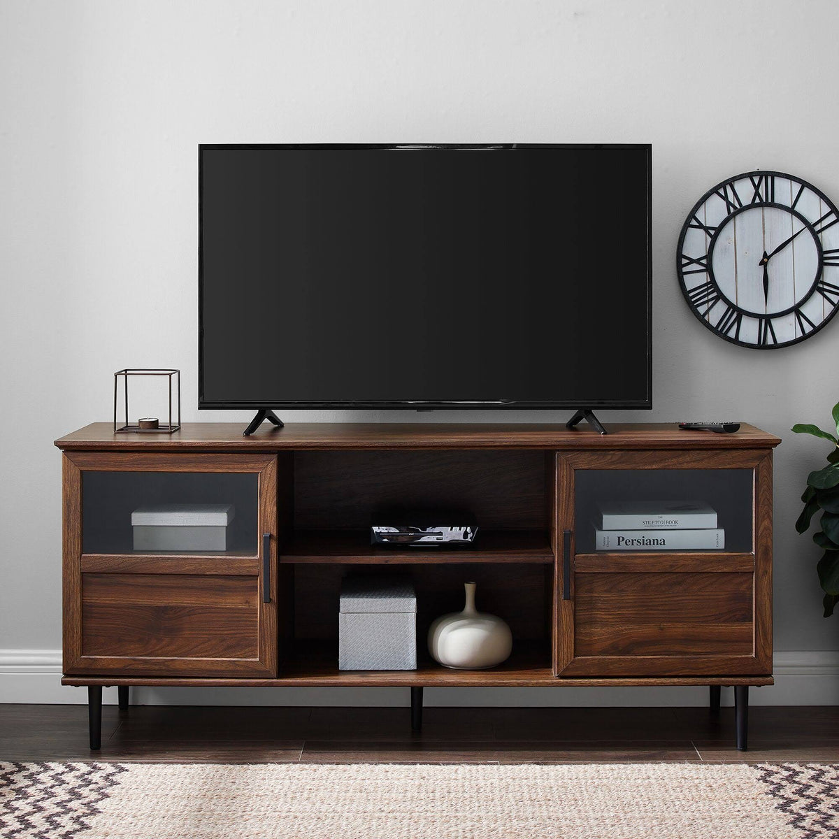 Dark Walnut Glass Wood TV Console F5213
