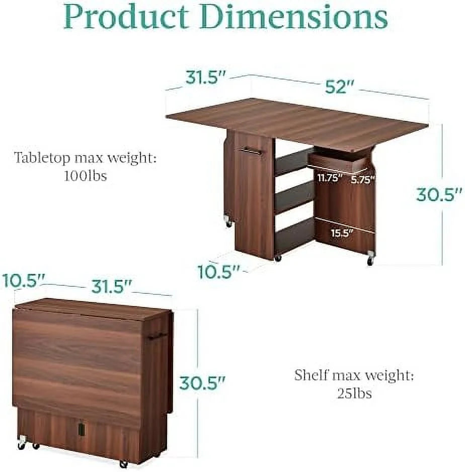 Folding Dining Table with Wheels 3 Shelves Brown N96227