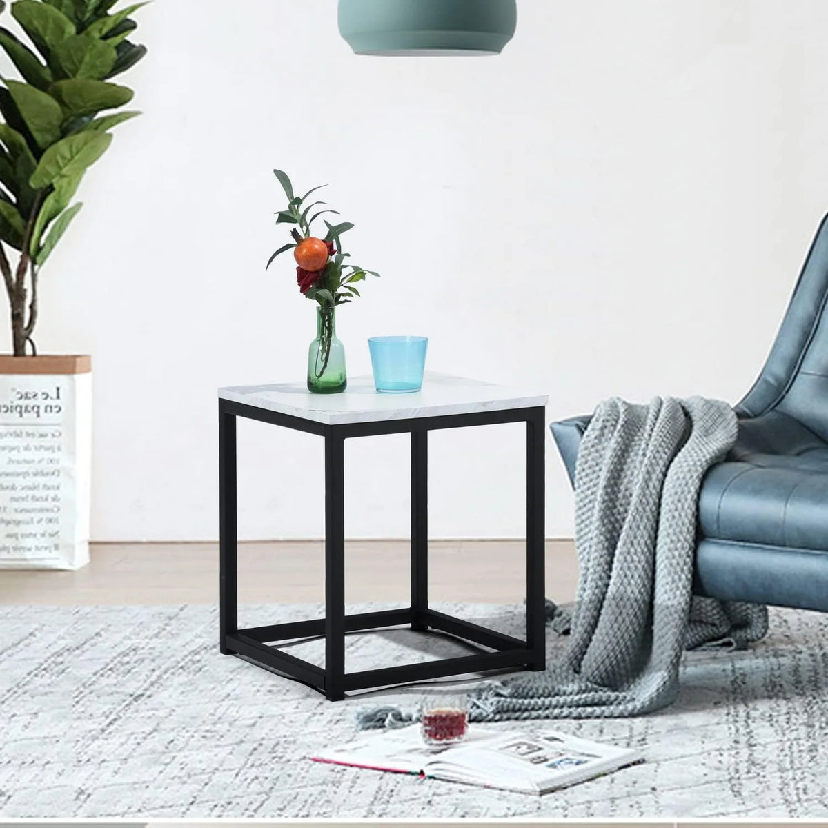 White Square Side Table with Marble Metal Frame Z241