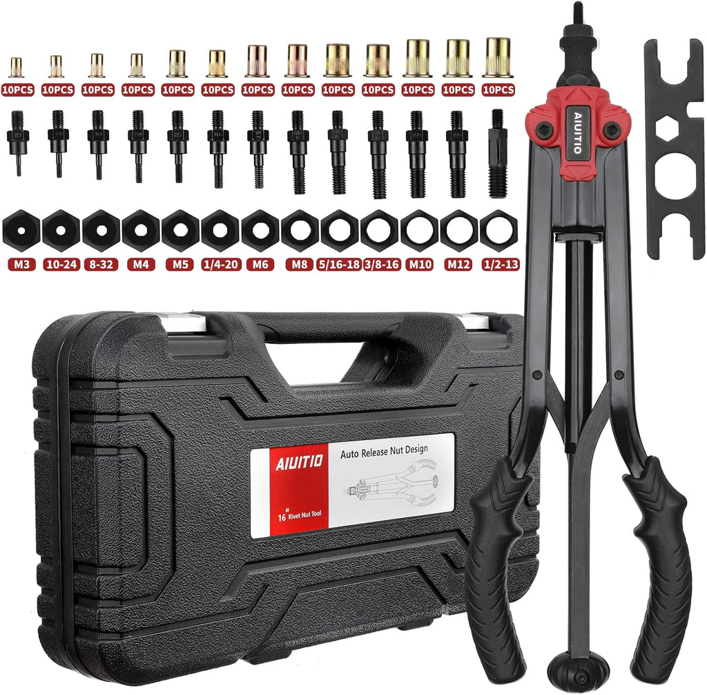 16'' Rivet Nut Tool with 13PCS Metric & Inch Mandrels, 130PCS Rivet Nuts, Plastic Case C990794