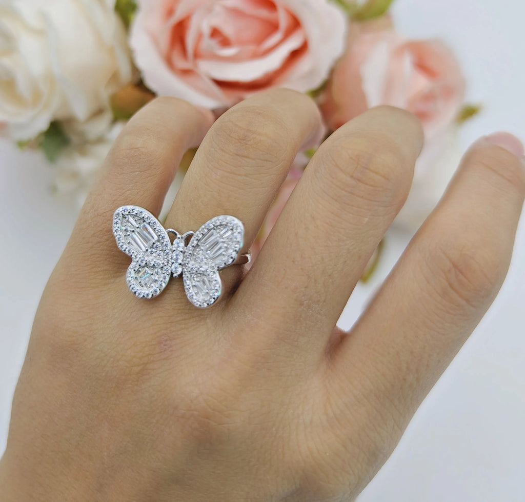 Cluster Butterfly Ring Baguette Cubic Zirconia White Tone 925 Sterling Silver C944622