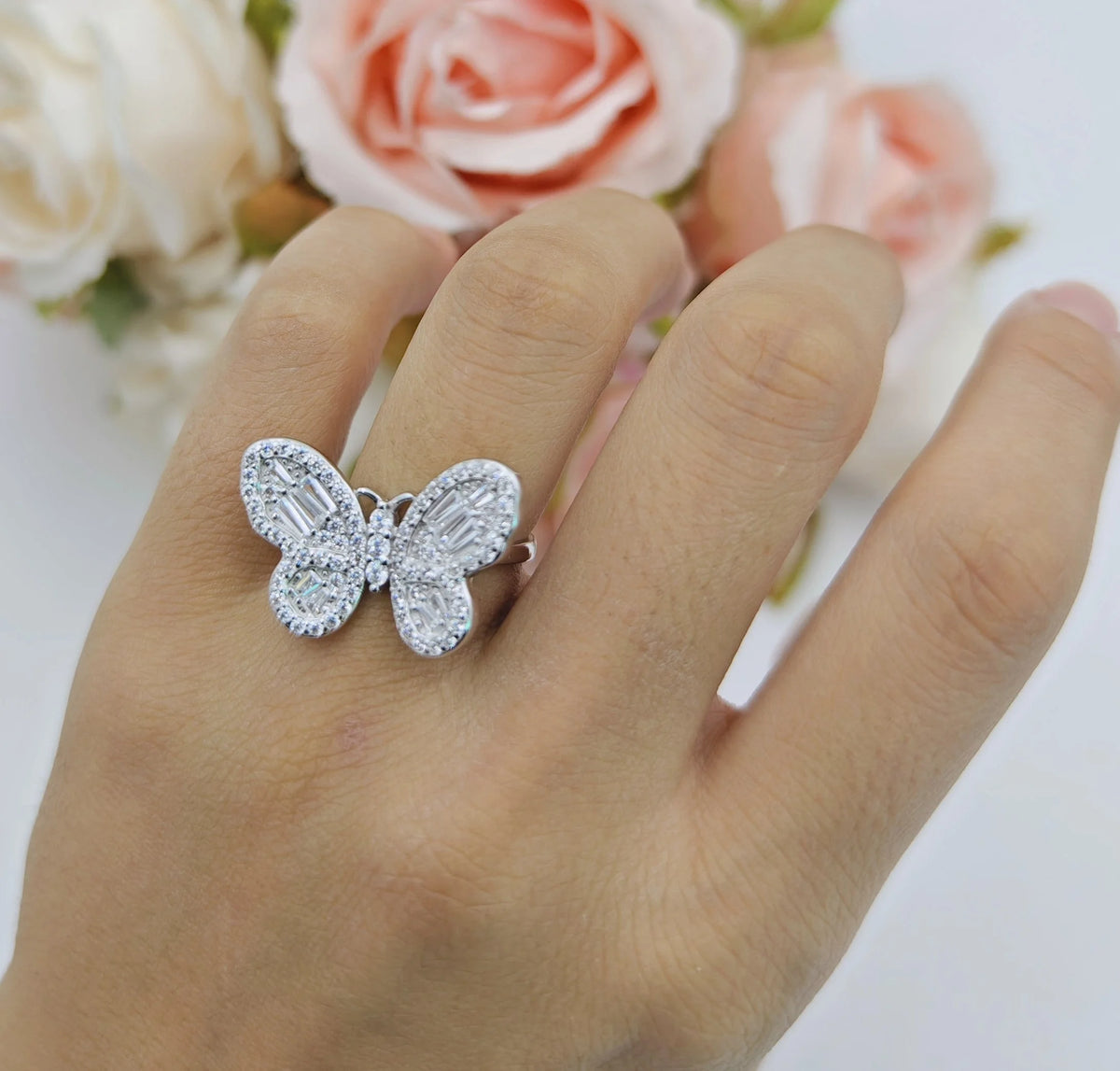 Cluster Butterfly Ring Baguette Cubic Zirconia White Tone 925 Sterling Silver C944622