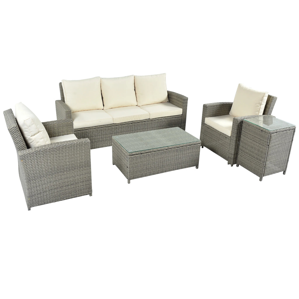 5 Piece Rattan Sectional Seating Group with Cushions and Table E7565
