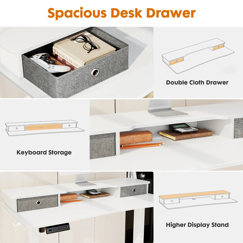 Height Adjustable Electric Standing Desk with Storage Shelf Double Drawer C28968