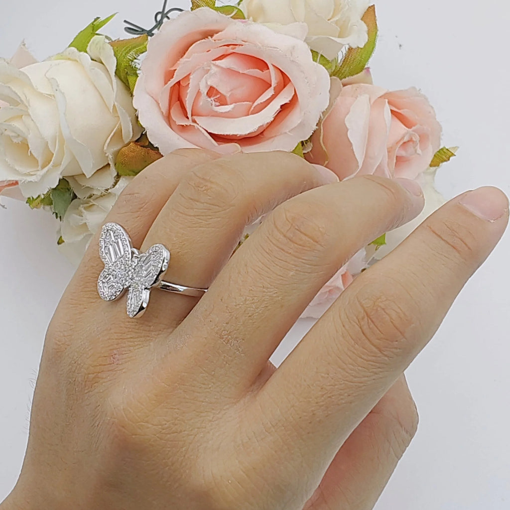 Cluster Butterfly Ring Baguette Cubic Zirconia White Tone 925 Sterling Silver C944622