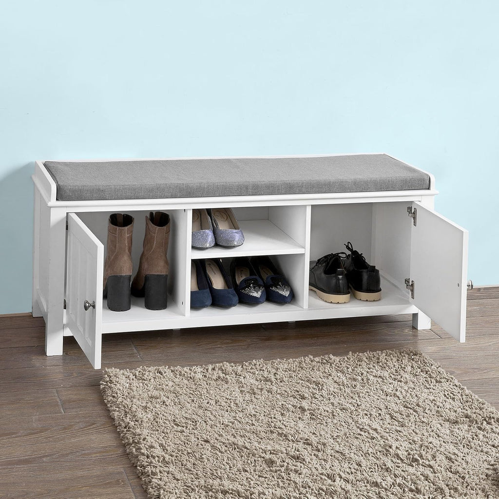 White Shoe Storage Bench with 2 Doors and Removable Seat Cushion T115