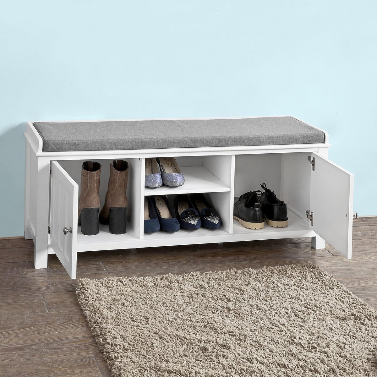 White Shoe Storage Bench with 2 Doors and Removable Seat Cushion T115