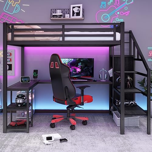 Full Size Black Metal Loft Bed with Desk and Stairs U22778