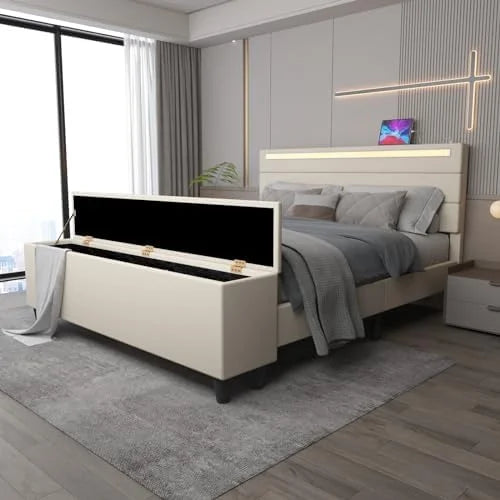 Queen Upholstered Platform Bed Frame with Ottoman and LED Lights W24446