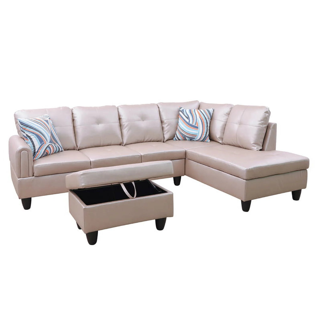 Faux Leather 3 Pieces Right Facing Sofa Set With Ottoman J462904