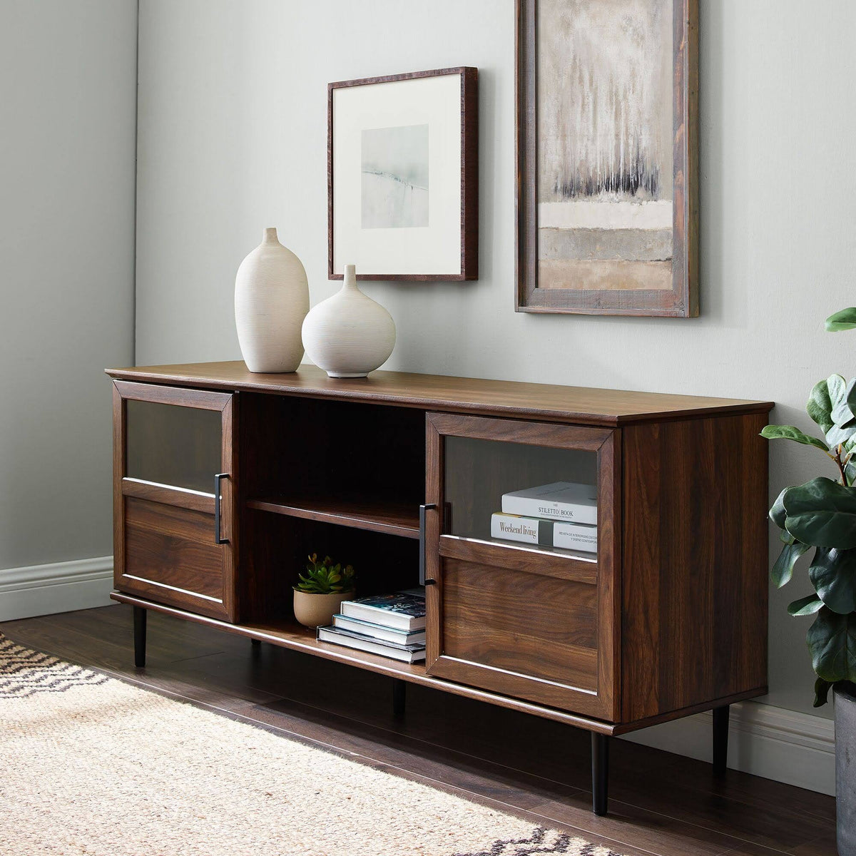 Dark Walnut Glass Wood TV Console F5213