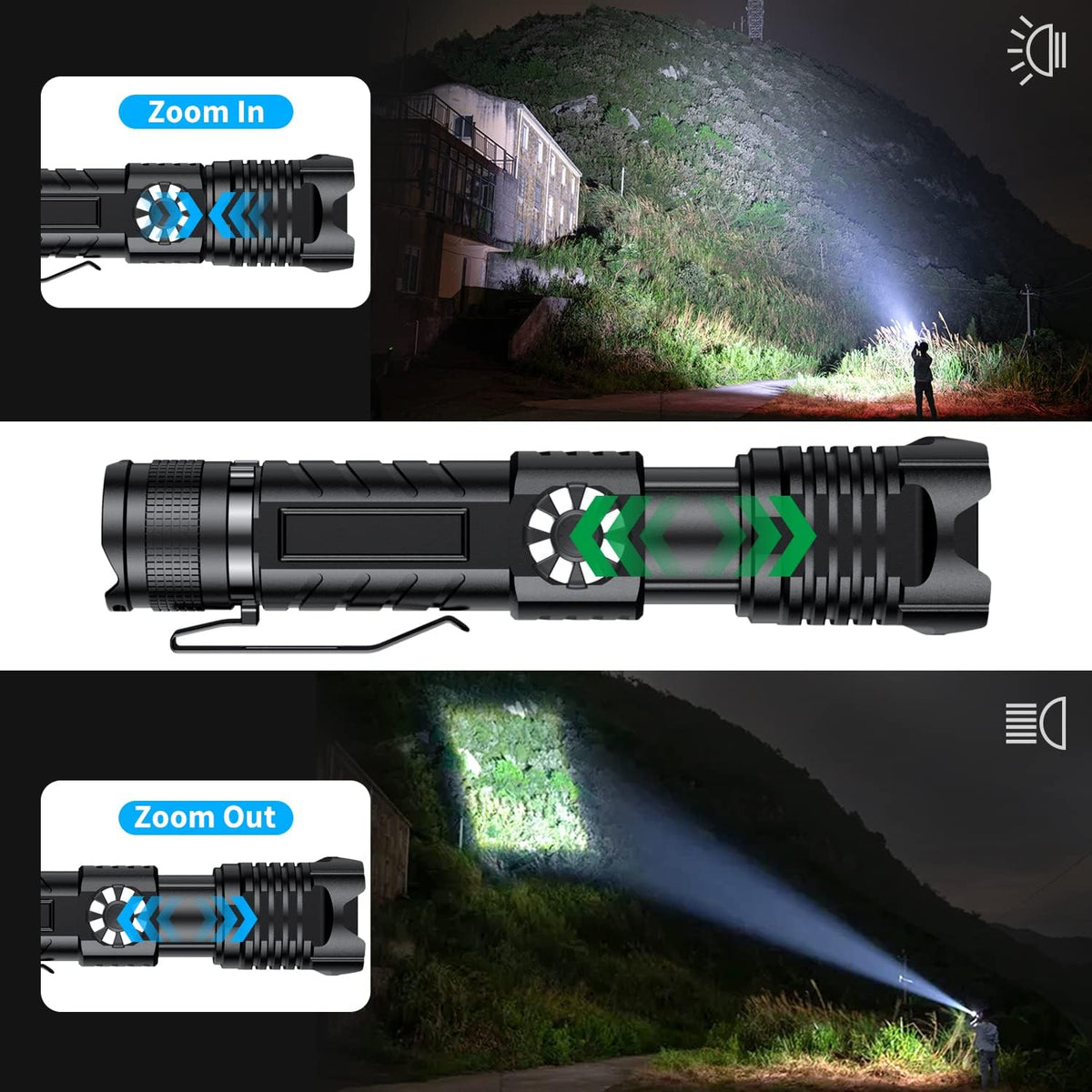 Rechargeable Tactical Flashlight, 100000 Lumens, Waterproof, Zoomable I109805