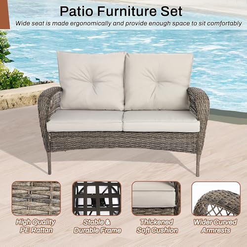 6 Pieces Patio Furniture Set Wicker Sofa with Swivel Rocking Chairs Ottoman Coffee Table Gray W59235