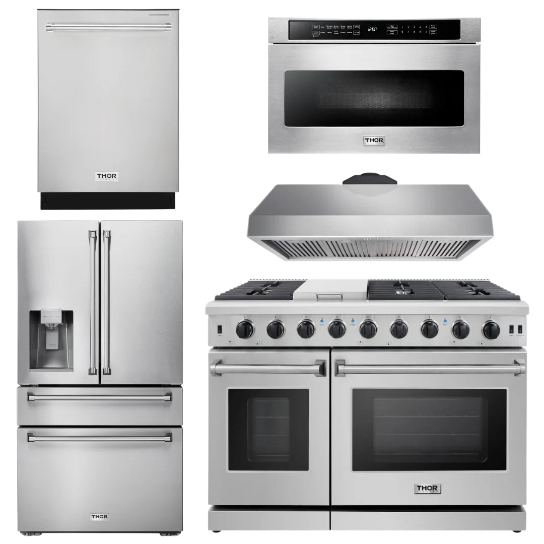48 Propane Gas Range, Range Hood, Dishwasher, Refrigerator with Water and Ice Dispenser, Microwave H1061