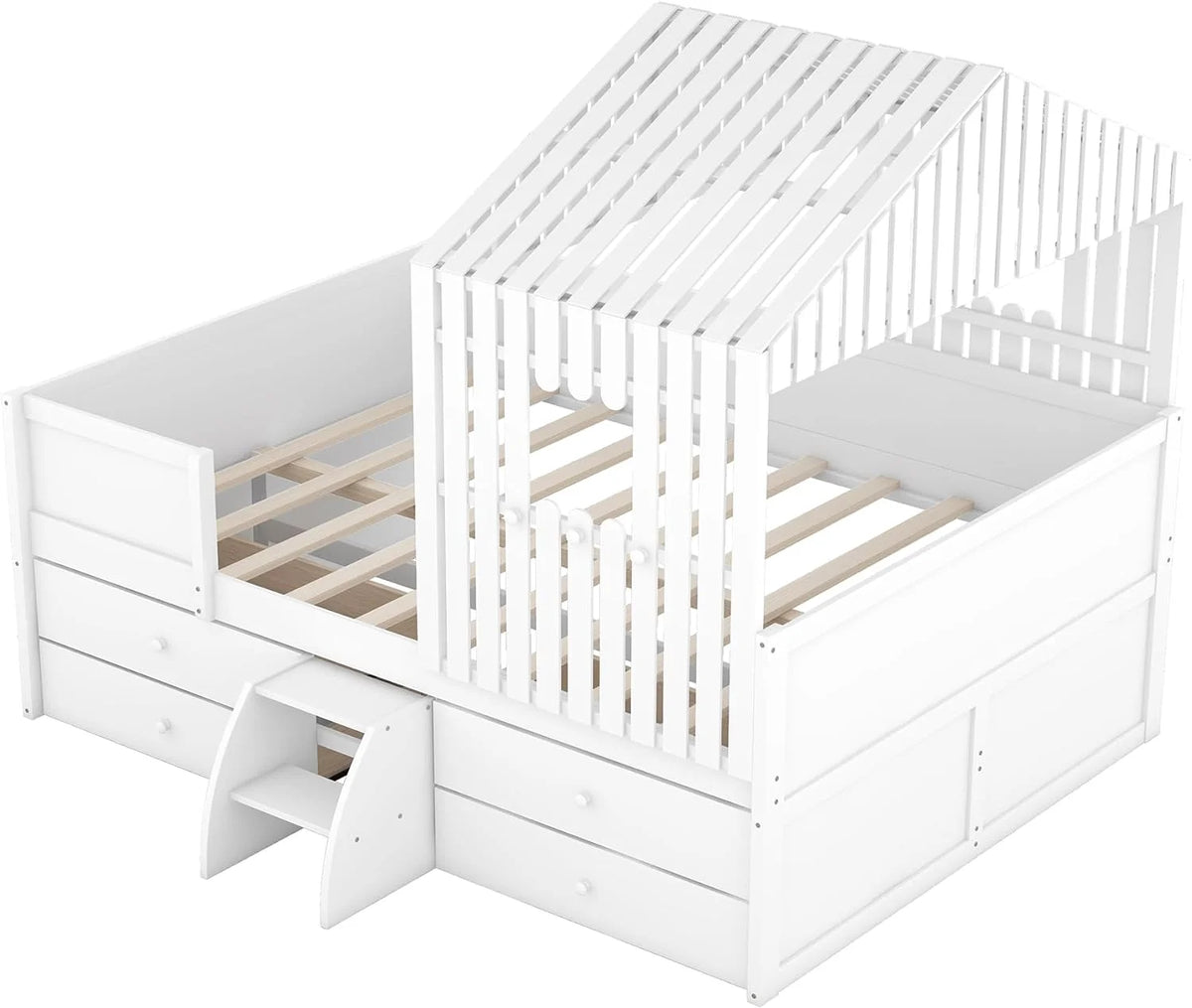 White Full Size Wood House Bed with 4 Drawers J30522