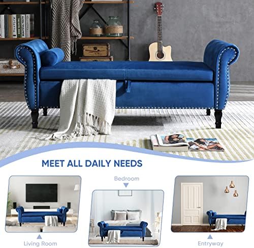 Velvet Ottoman Bench with Toss Pillow (Blue) L551