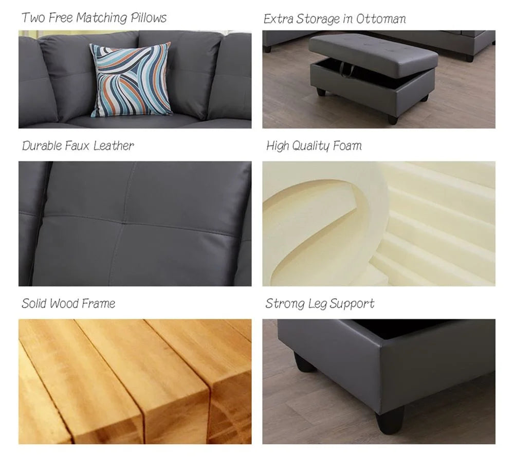Dark Grey Faux Leather Sectional with Ottoman T508090
