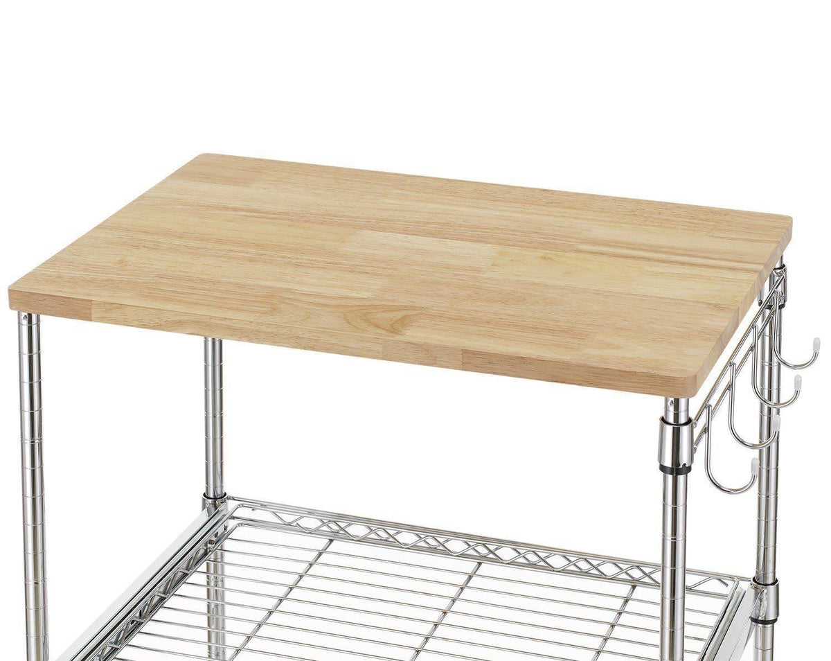 3-Tier Wire Rolling Kitchen Cart with Oak Cutting Board and Chrome Y2574