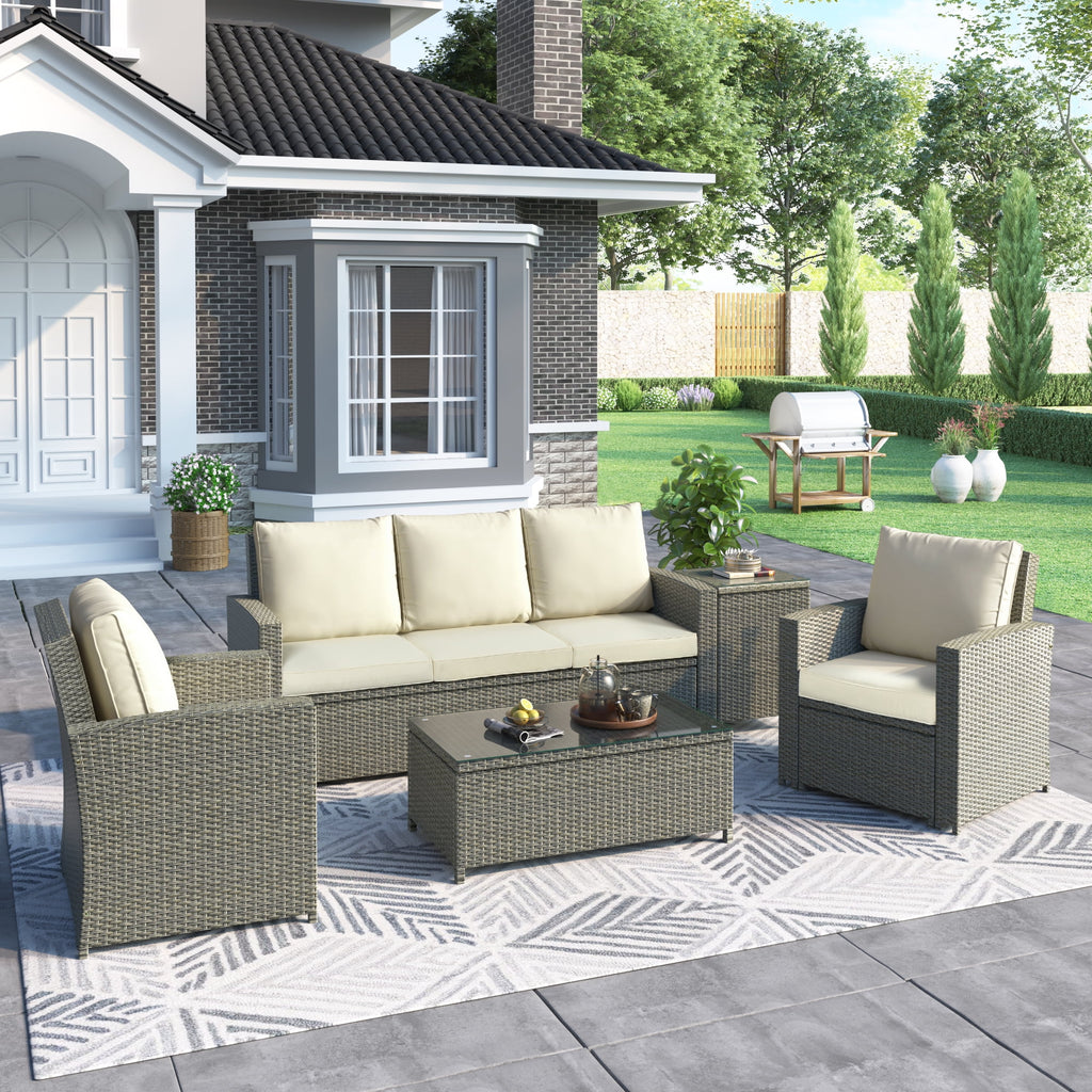 5 Piece Rattan Sectional Seating Group with Cushions and Table E7565
