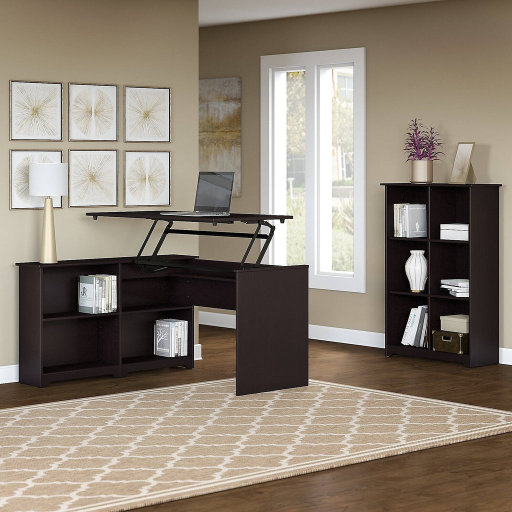 Espresso Oak 3 Position Sit to Stand Corner Bookshelf Desk with 6 Cube Organizer X47741