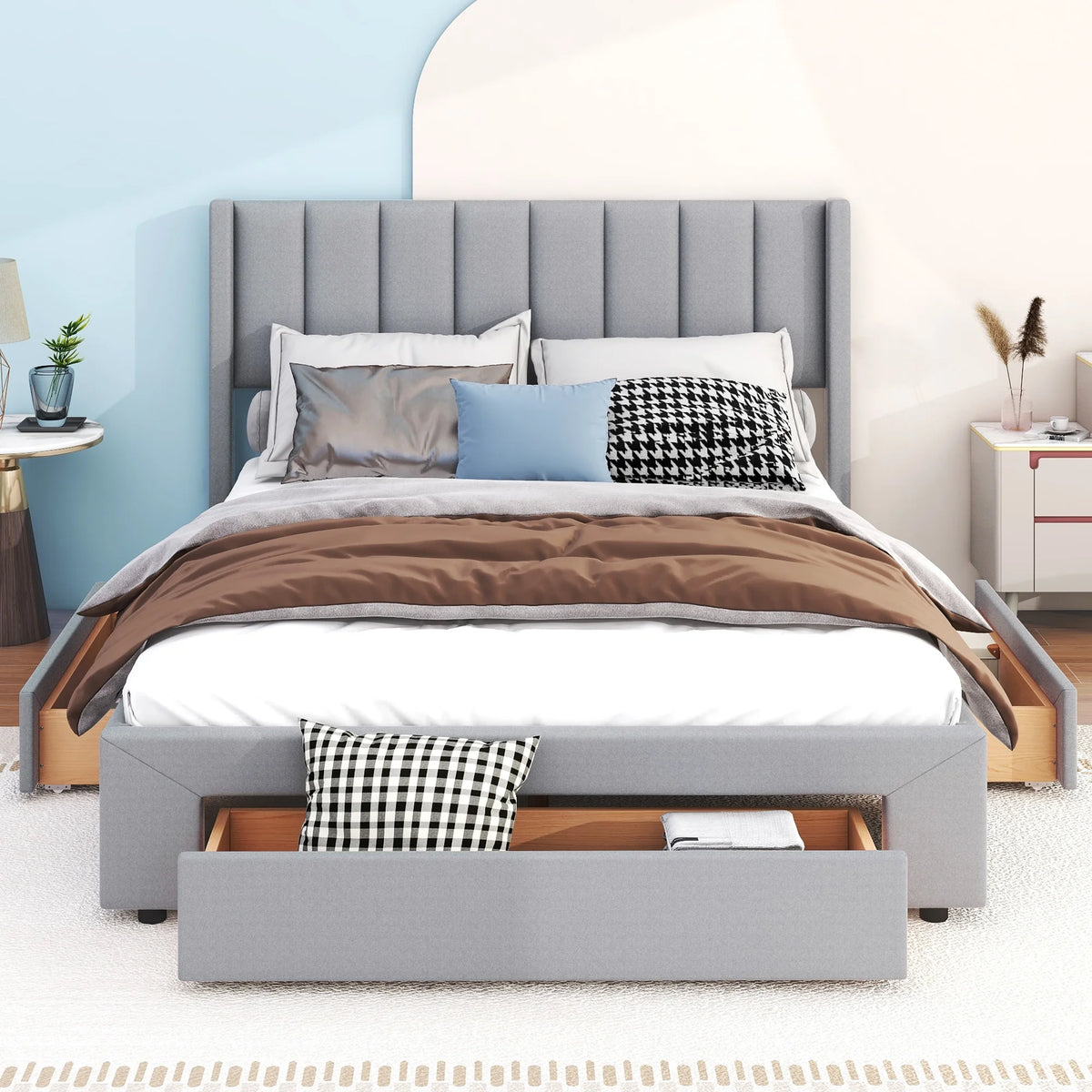 Queen Size Upholstery Platform Bed with Three Storage Drawers M655