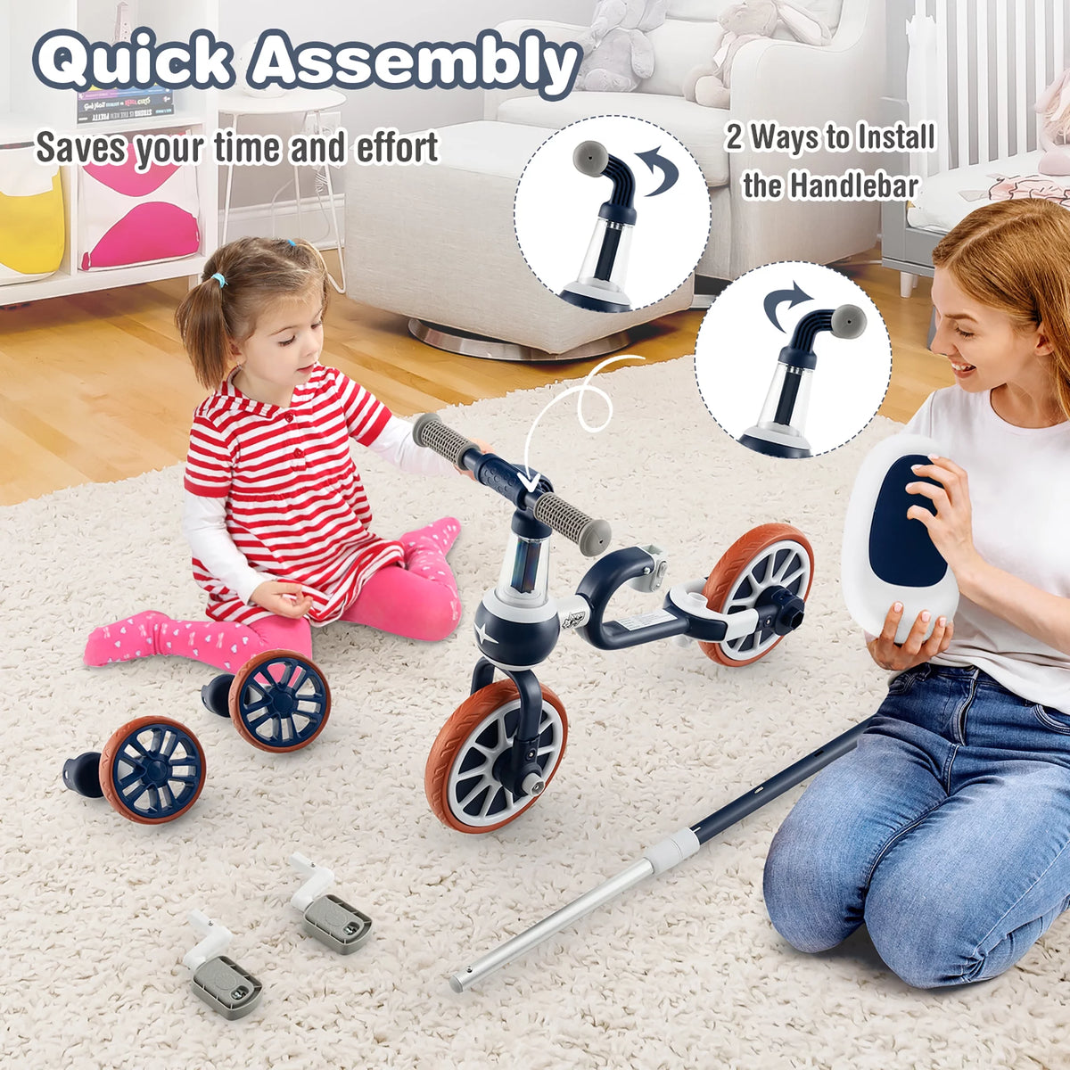 4 in 1 Kids Tricycles with Push Handle & Training Wheels Navy I728