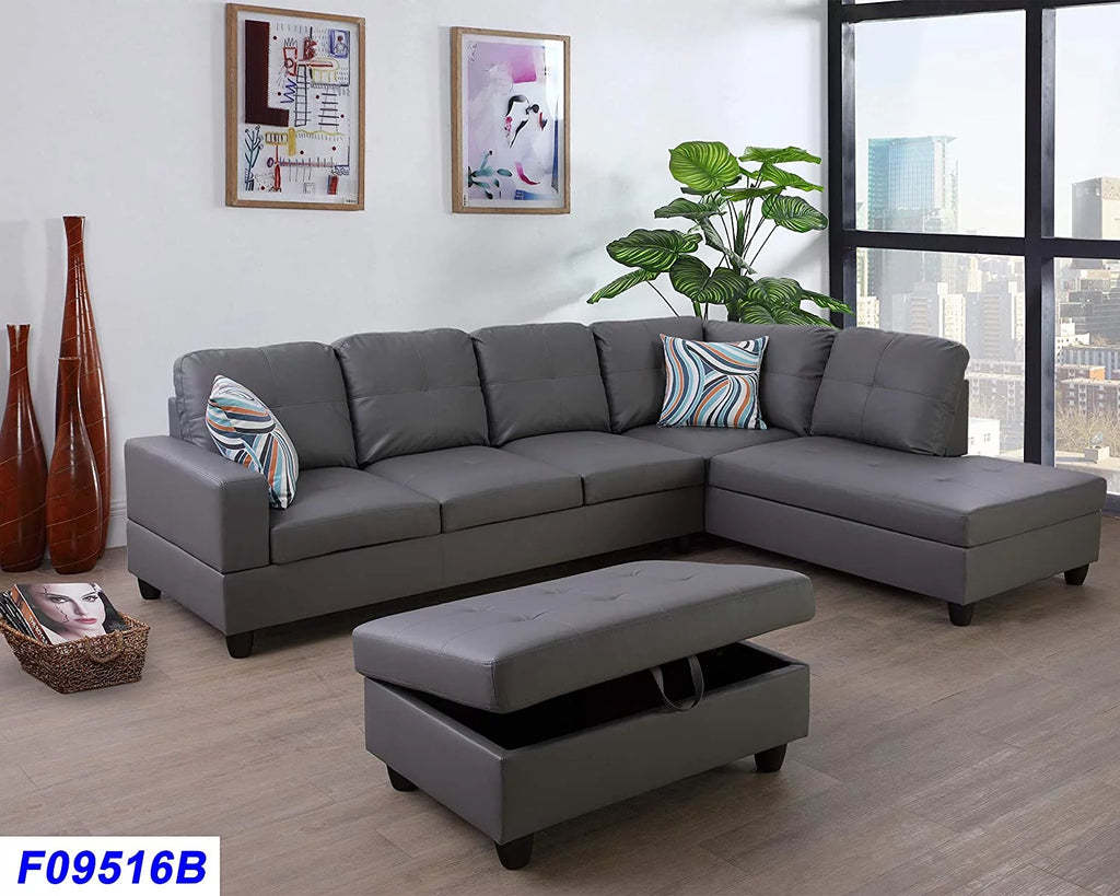 Dark Grey Faux Leather Sectional with Ottoman T508090