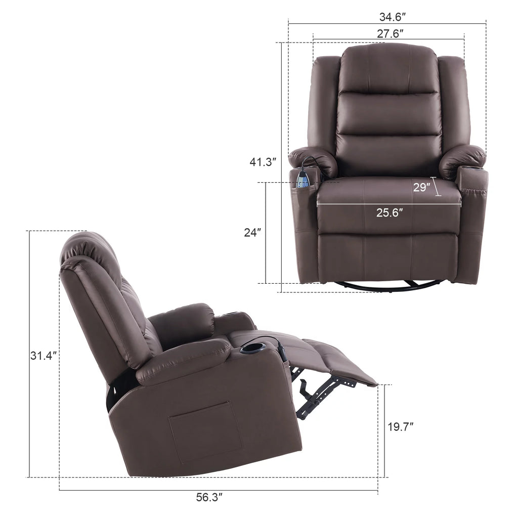 Brown 360 Swivel Heated Massaging Recliner Chair J3430