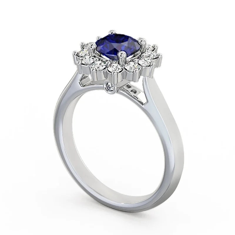 14K White Gold Blue Sapphire Diamond Engagement Ring Size 5.5 Z4714