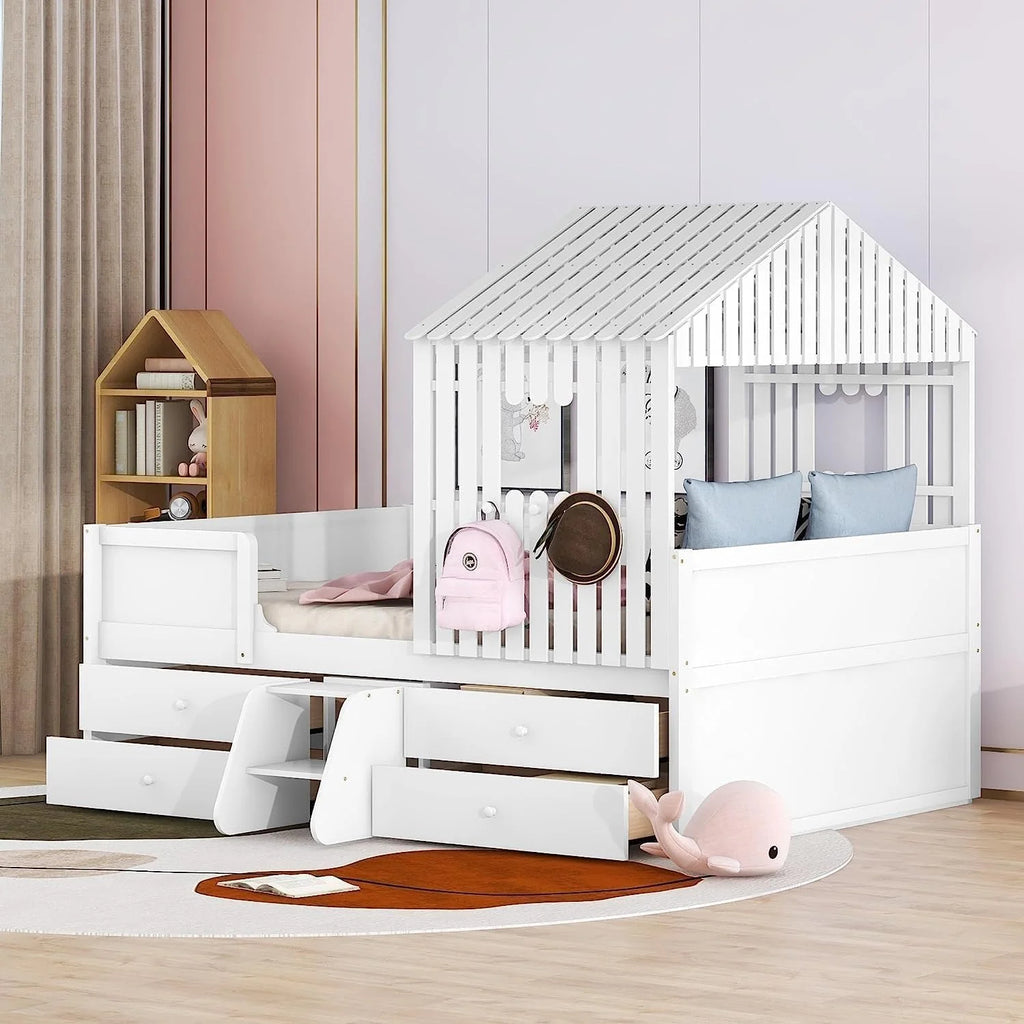 White Full Size Wood House Bed with 4 Drawers J30522