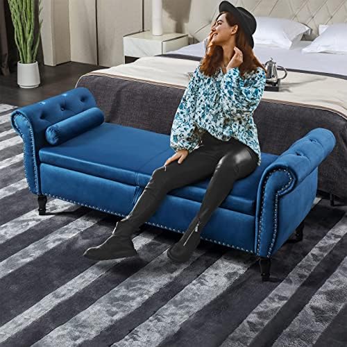 Velvet Ottoman Bench with Toss Pillow (Blue) L551